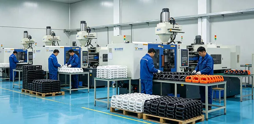 Car vacuum cleaner plastic injection molding workshop, automated injection machines producing handheld car vacuum shells and handle components