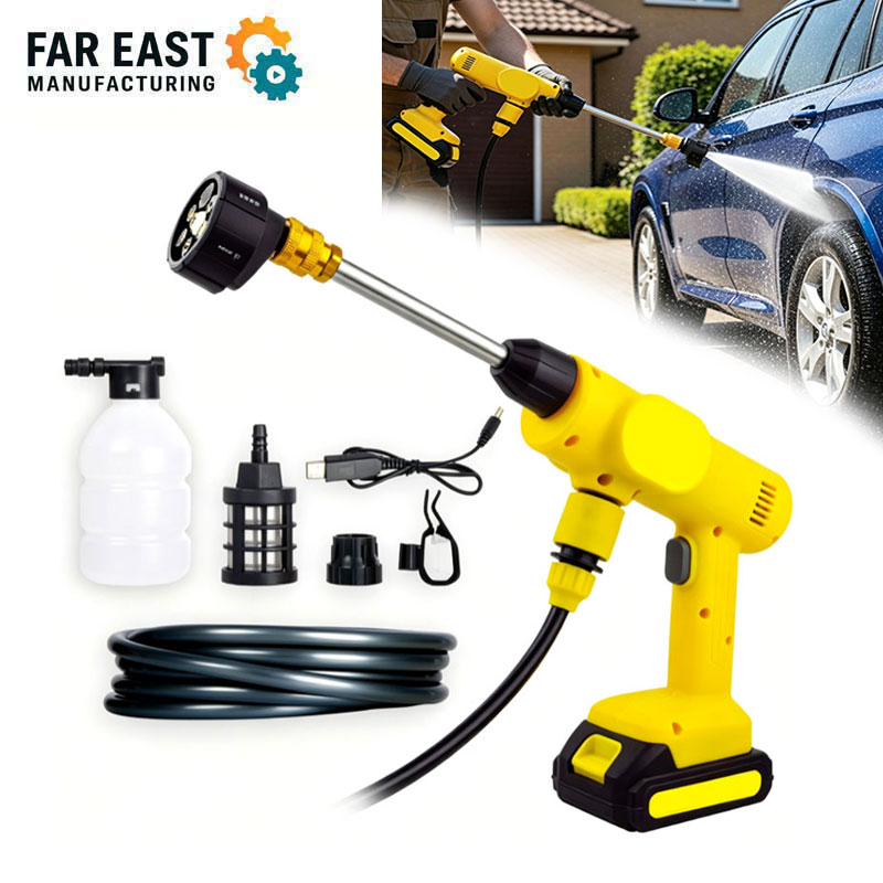 Complete accessory kit for wireless high‑pressure car washer, foam bottle, water hose and fitting parts